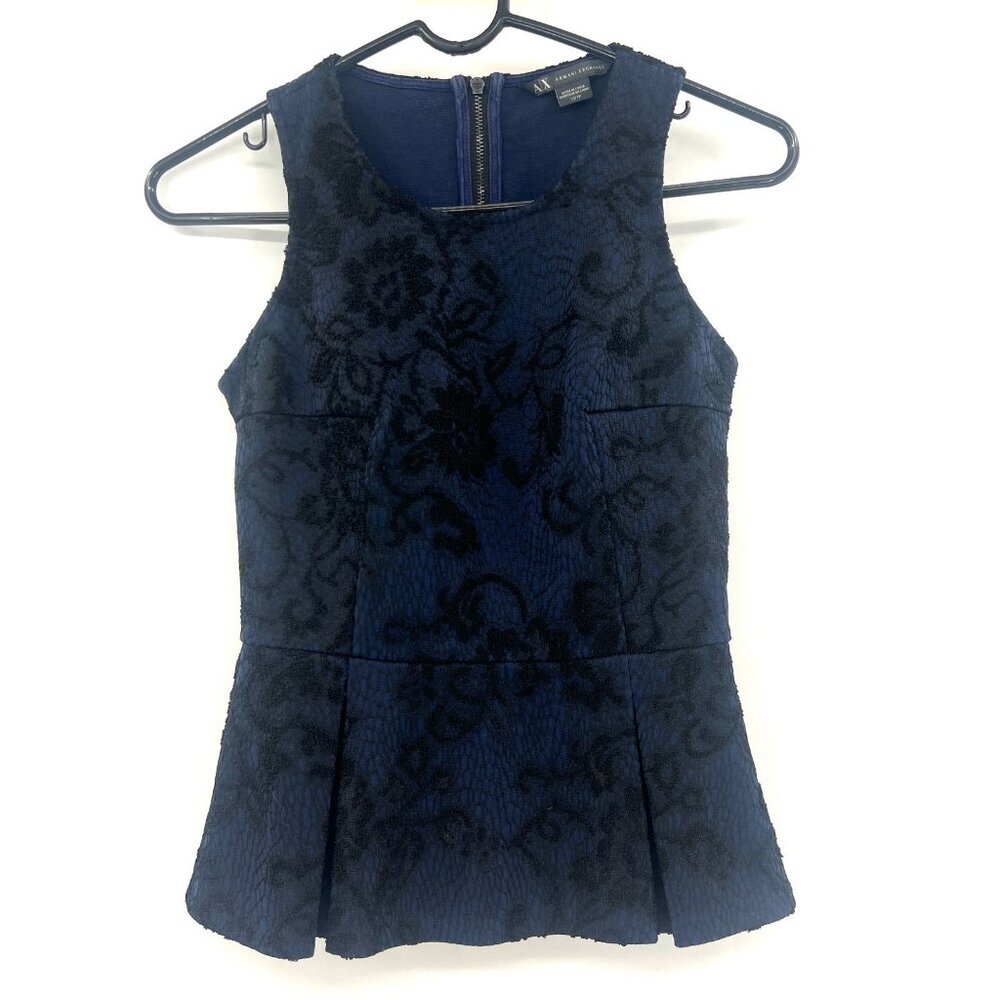 Armani Exchange Lace Overlay Blue Black Peplum Sleeveless Top Women's XS